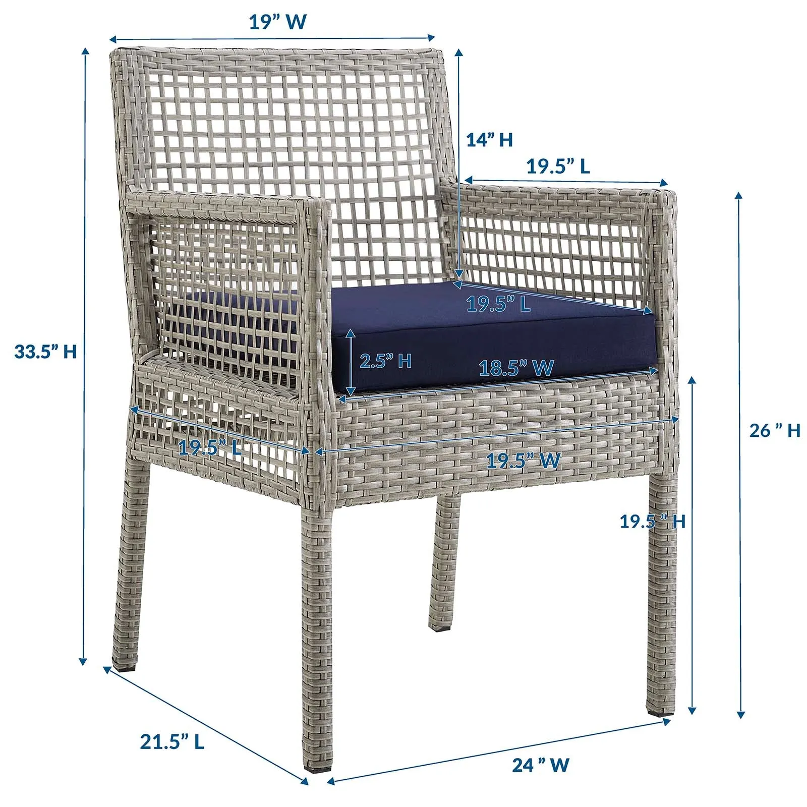 Aura Outdoor Patio Wicker Rattan Dining Armchair Gray Navy EEI-2920-GRY-NAV