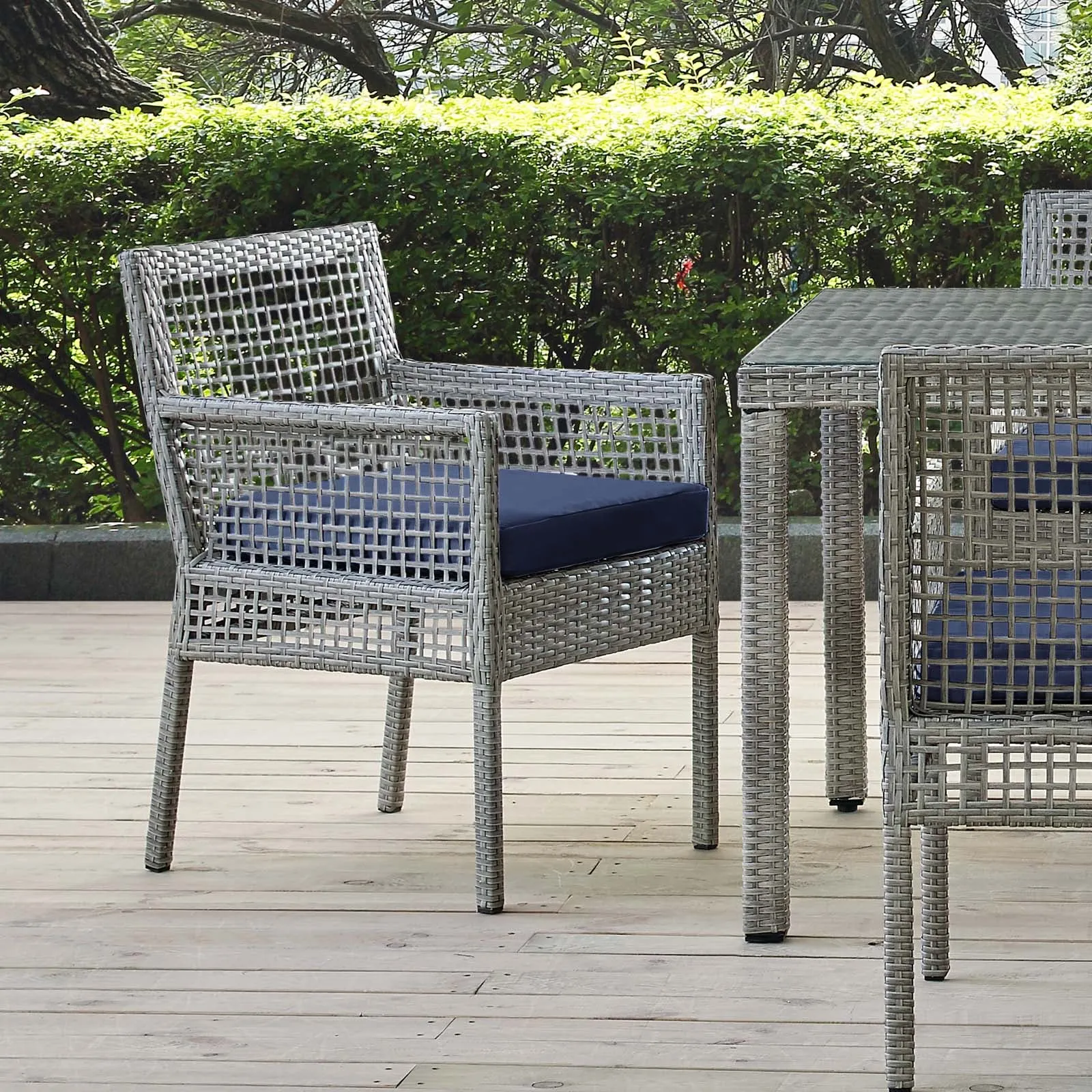 Aura Outdoor Patio Wicker Rattan Dining Armchair Gray Navy EEI-2920-GRY-NAV