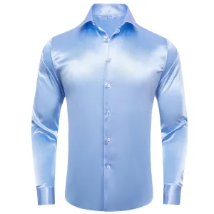 Baby Blue Solid Satin Men's Long Sleeve Shirt