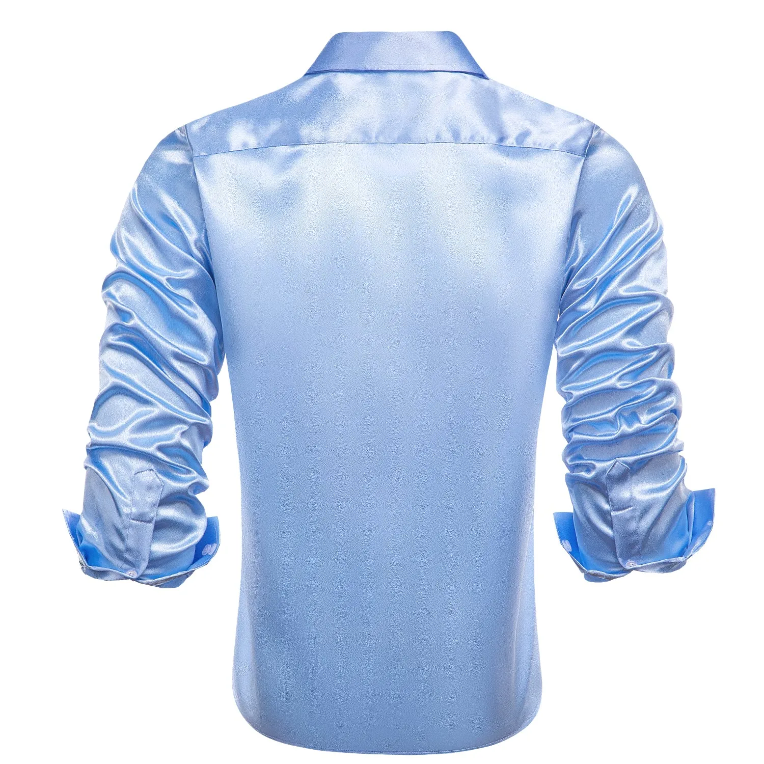 Baby Blue Solid Satin Men's Long Sleeve Shirt