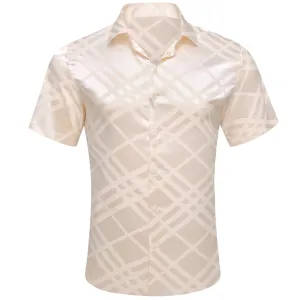 Beige Plaid Silk Men's Short Sleeve Shirt