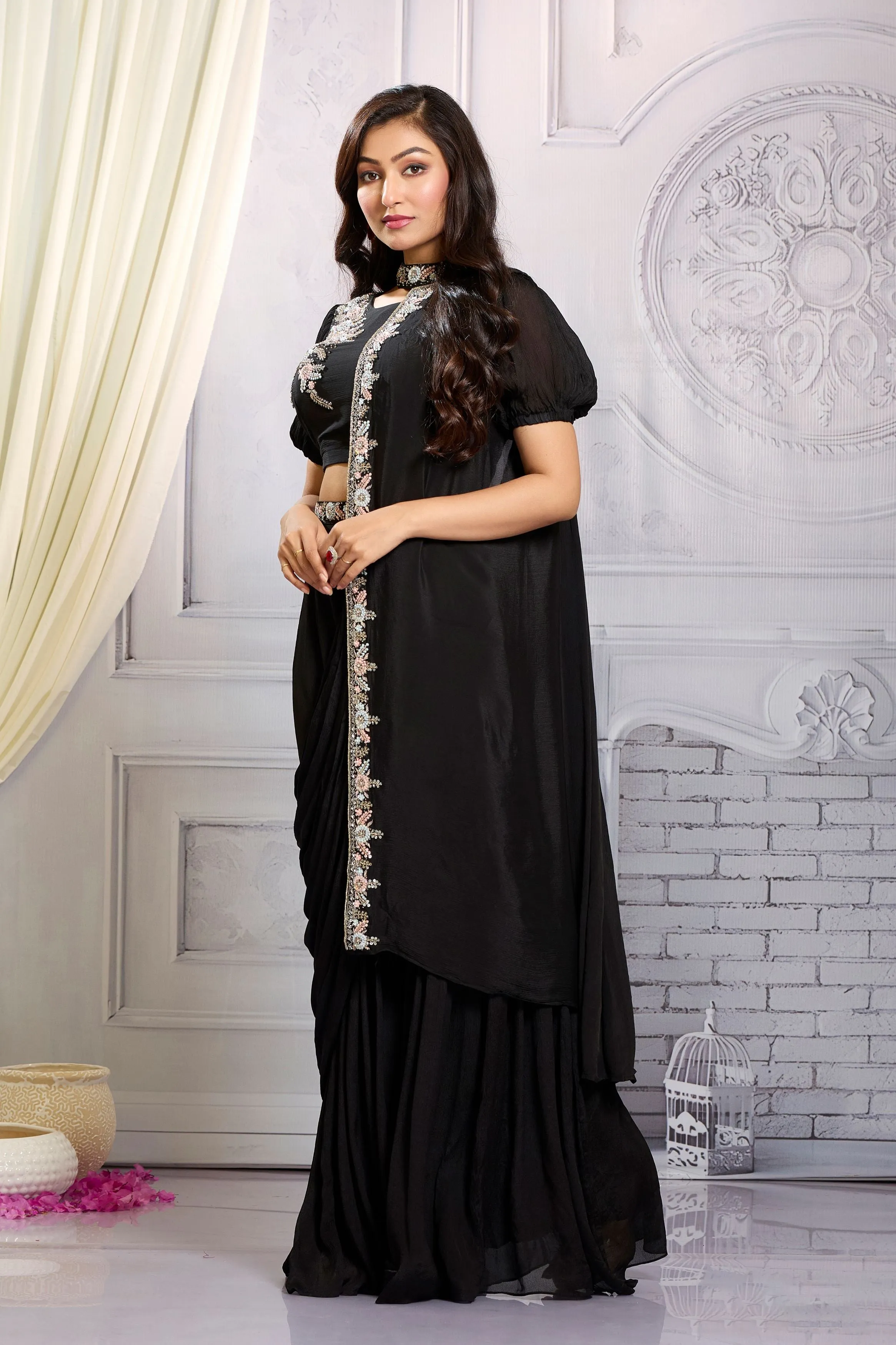 Black Embellished Chinon Silk Drape Crop Top Sharara Set