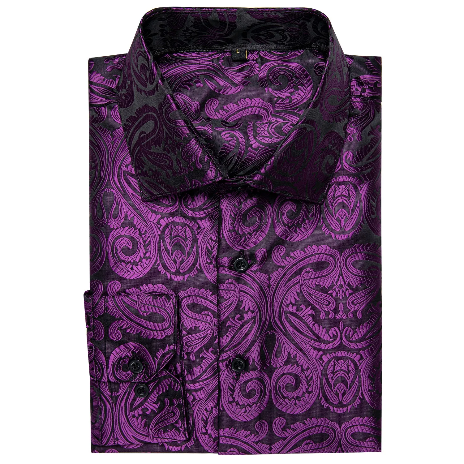 Black Purple Floral Silk Men's Long Sleeve Shirt