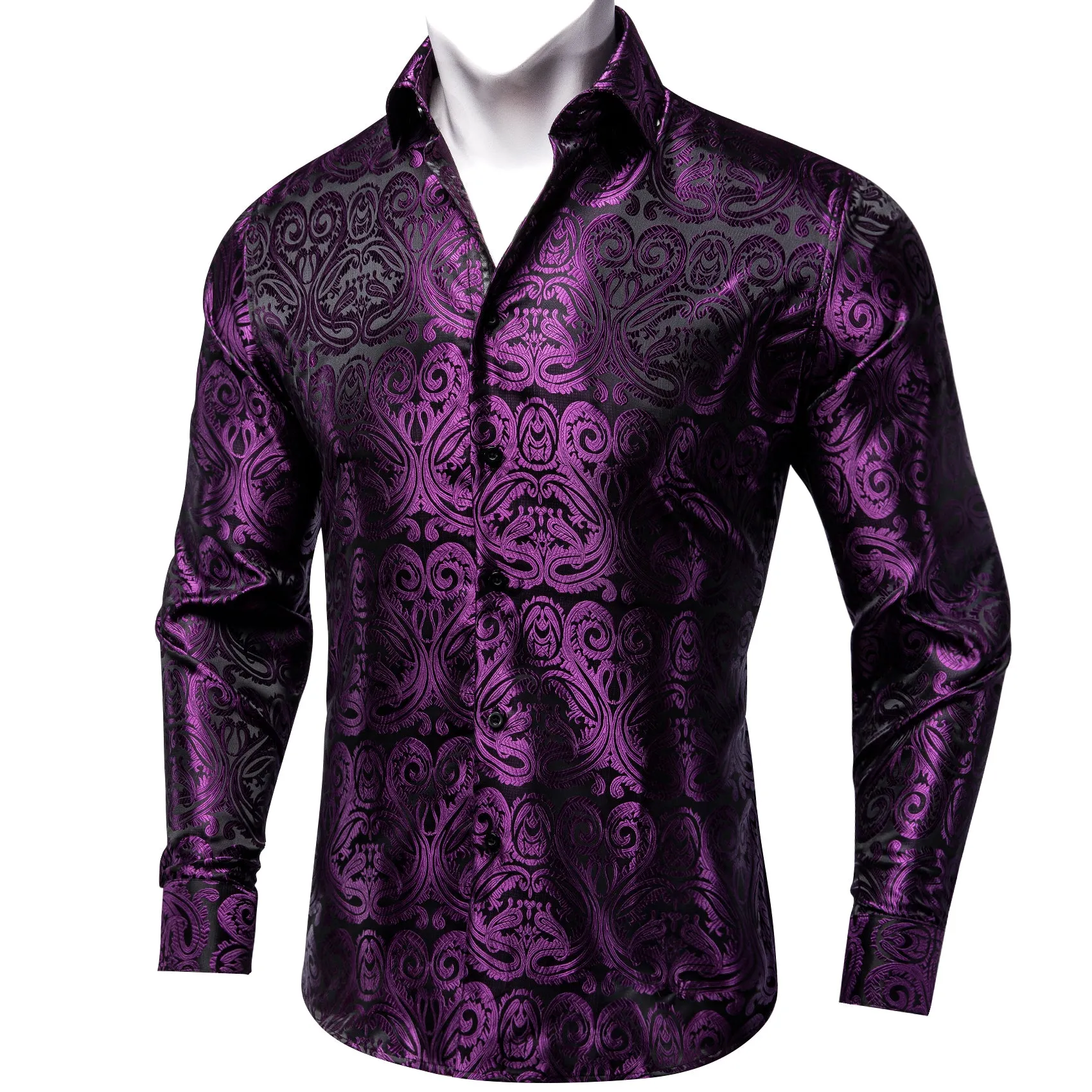 Black Purple Floral Silk Men's Long Sleeve Shirt