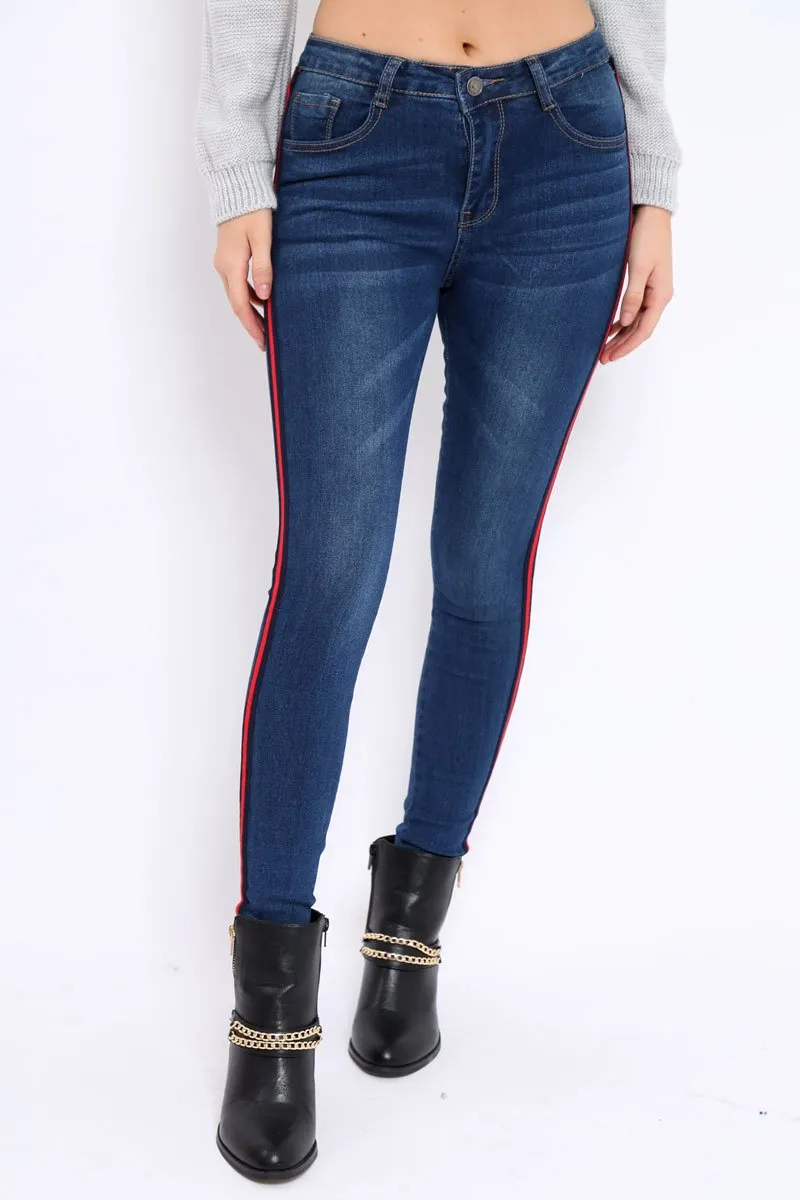 Dark Blue Denim Skinny Jeans with Side Stripes - Hana