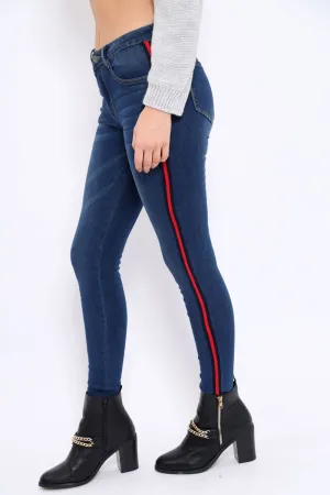 Dark Blue Denim Skinny Jeans with Side Stripes - Hana