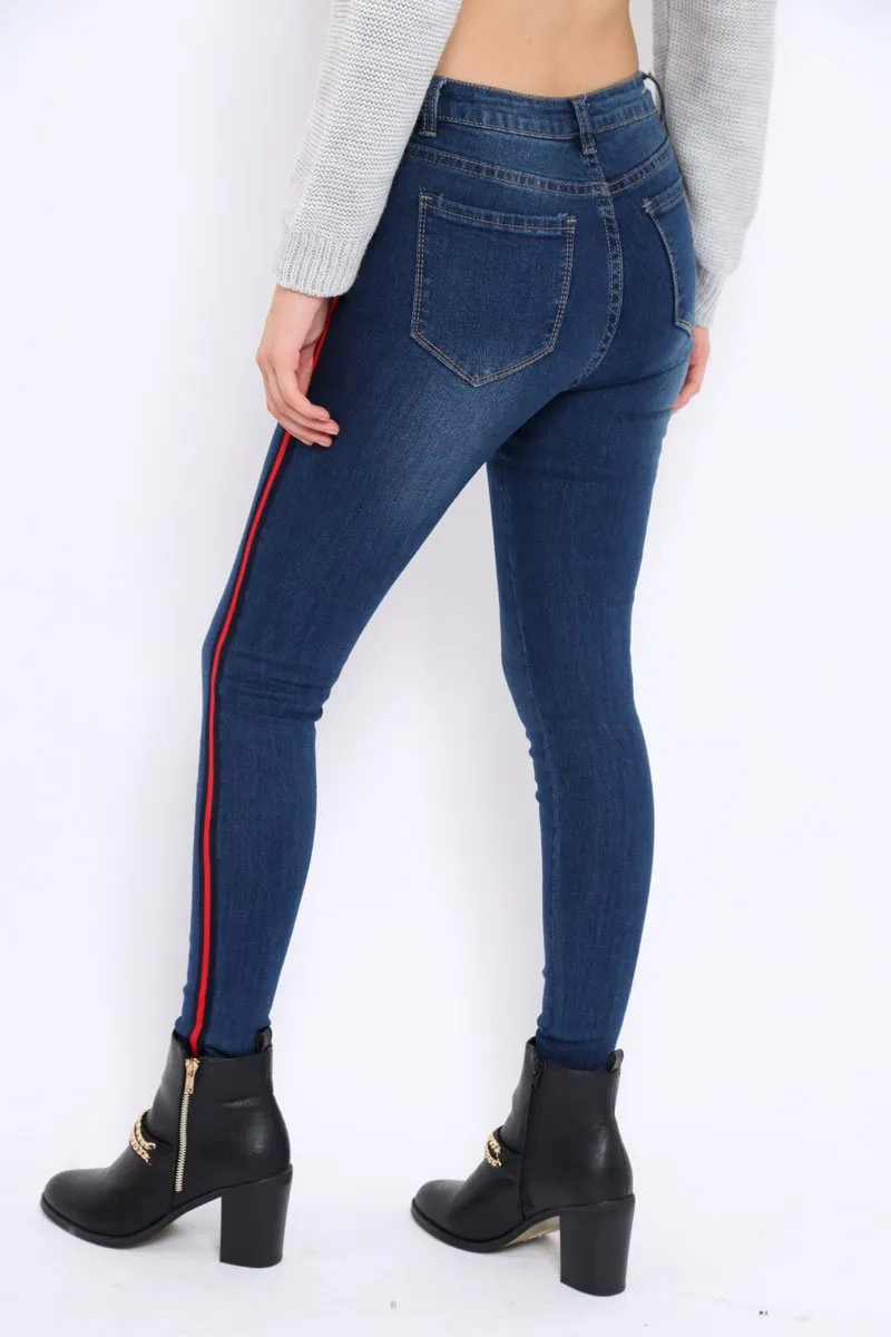 Dark Blue Denim Skinny Jeans with Side Stripes - Hana