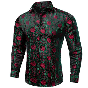 Dark Green Red Floral Pattern Silk Men's Long Sleeve Shirt