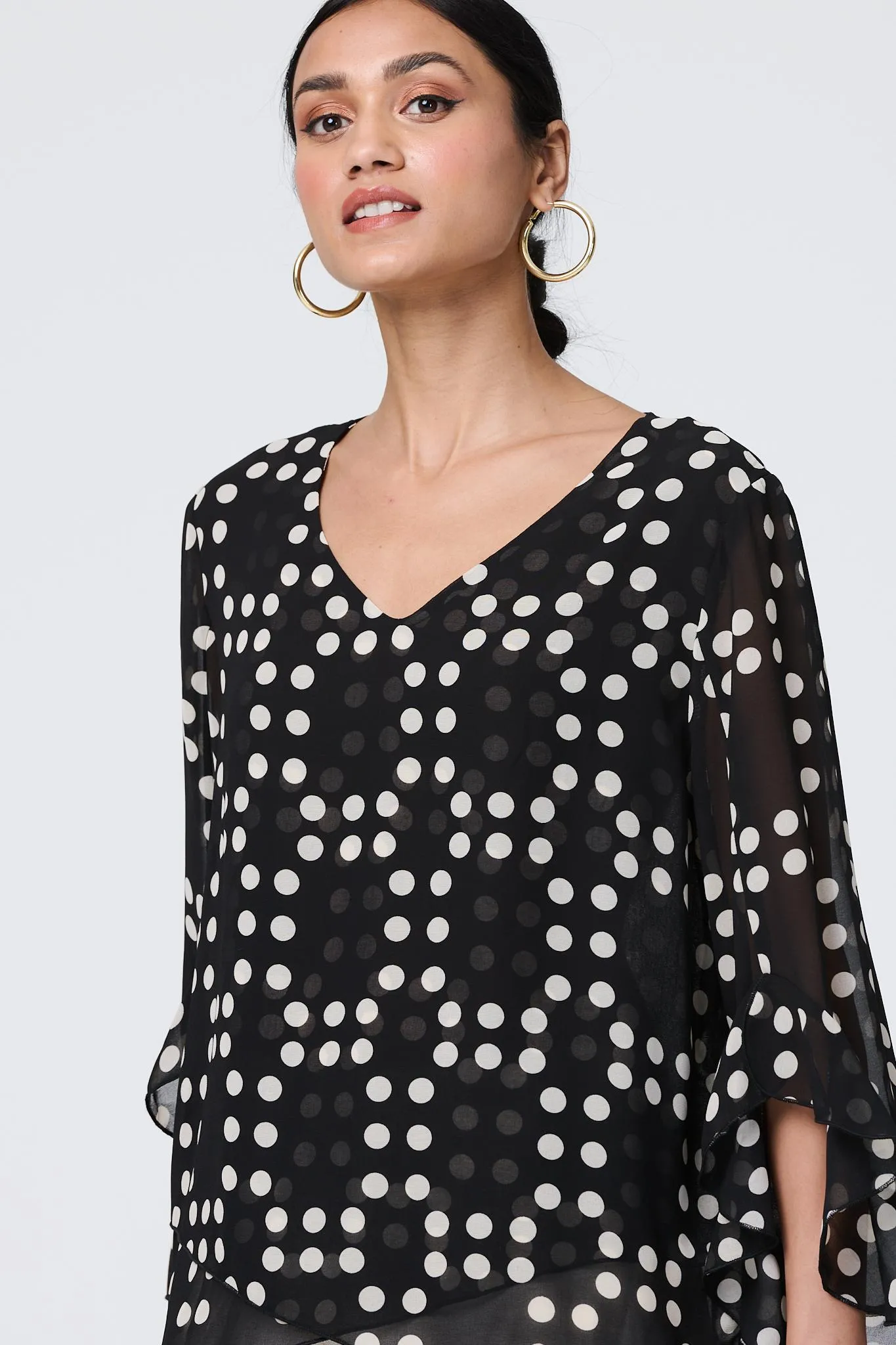 Dot Print Semi Sheer Flare Sleeve Blouse