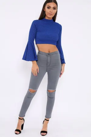 Grey Ripped Knee High Waist Skinny Jeans -Leeya