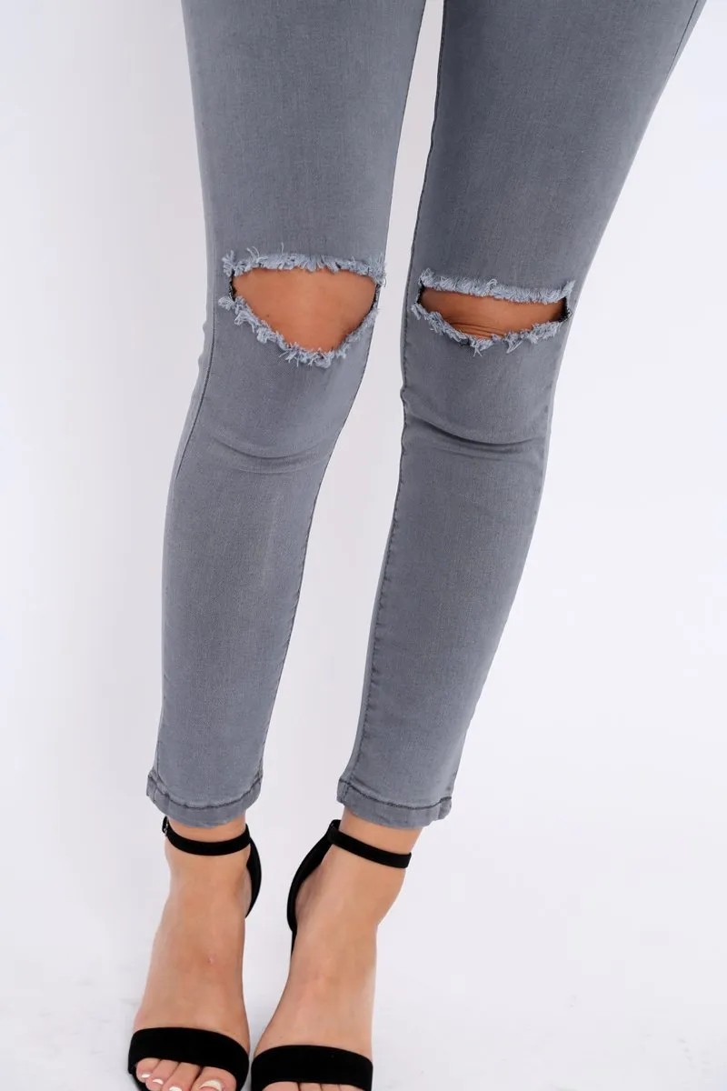 Grey Ripped Knee High Waist Skinny Jeans -Leeya