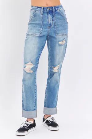 Judy Blue High Waist Patch Pocket & Destroy Boyfriend Denim 88825