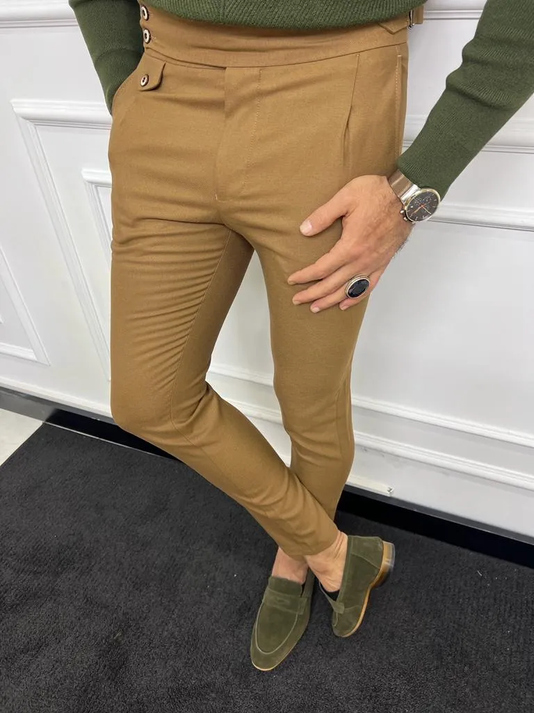 Leon Slim Fit Double Button Camel Trouser/Pants