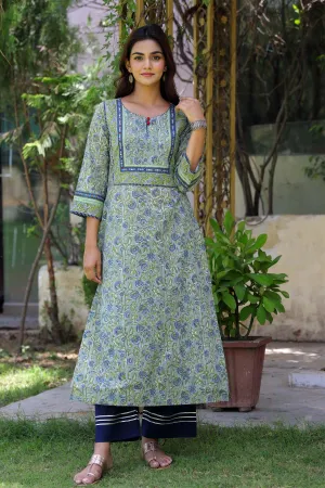 Light Pastel Green Hand Block Print Kurta In Straight Fit