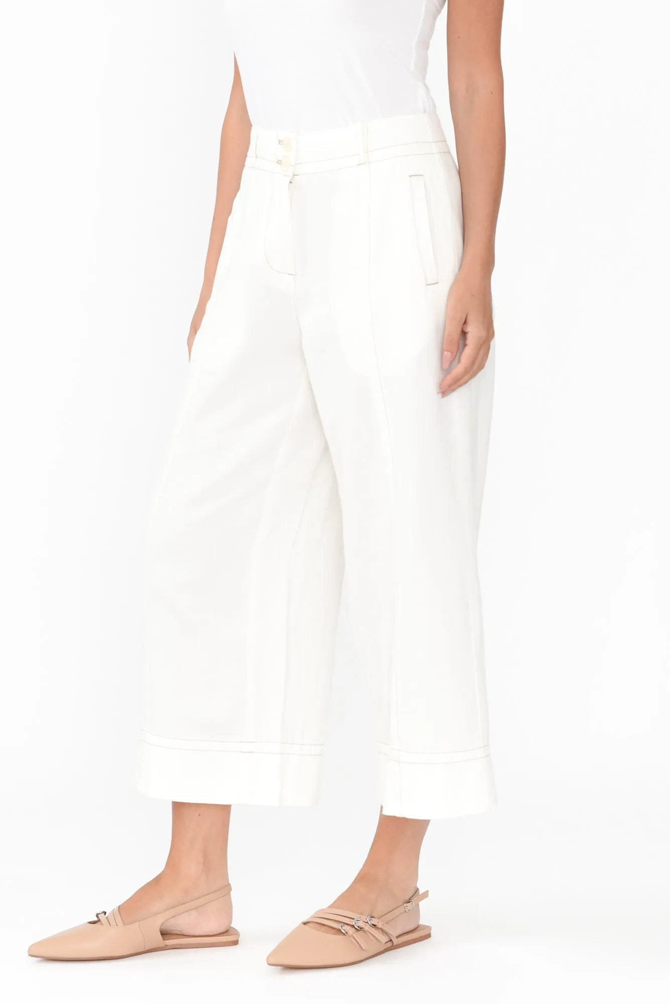 Miley White Cotton Blend Crop Pants