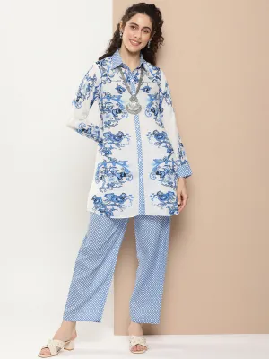 Off White And Blue Floral Print Kurta With Printed Pants.