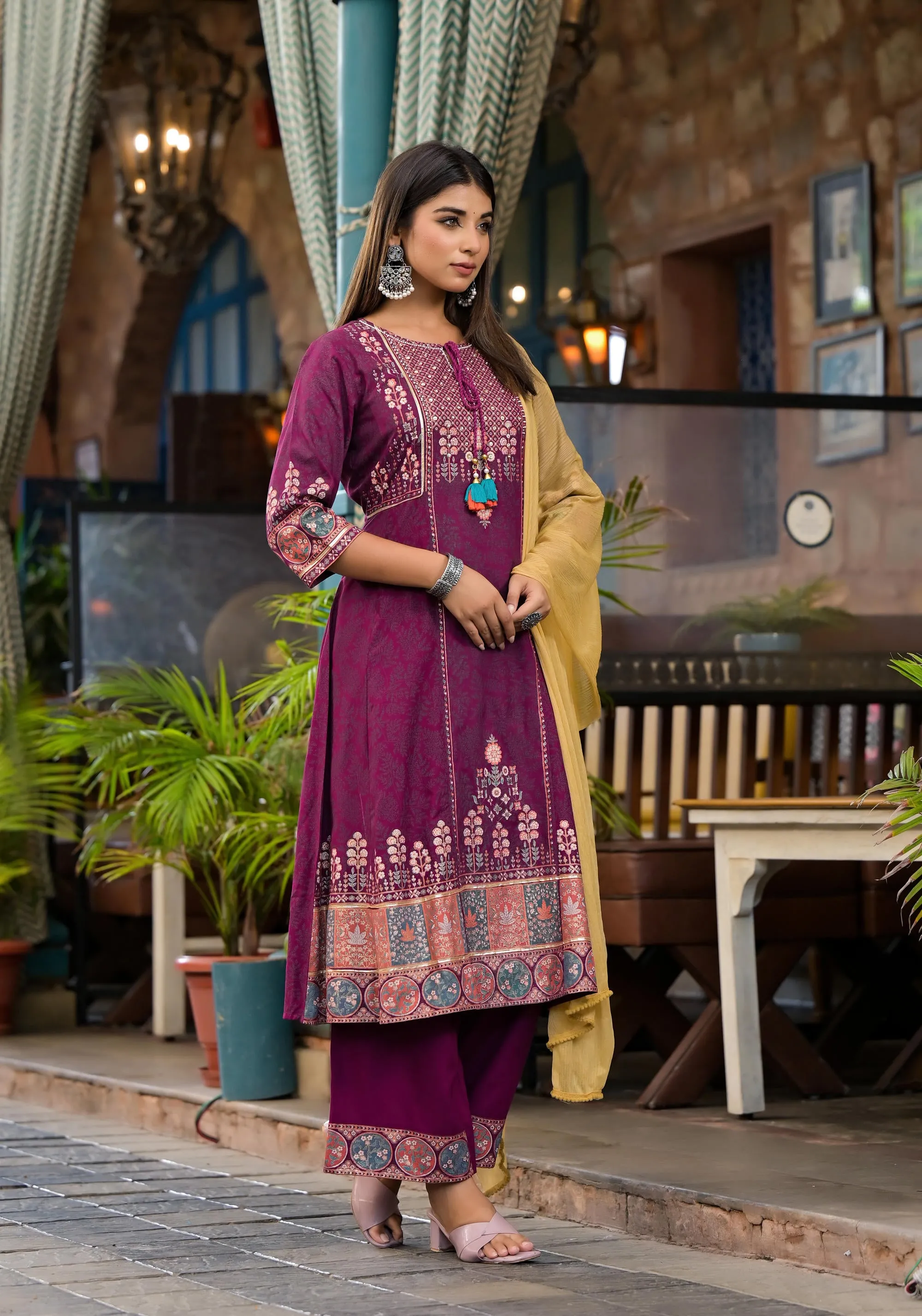 Plum Floral Printed Liva Rayon Kurta Pant And Dupatta Set With Thread Work Gota Patti & Beads