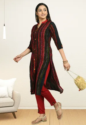 Plus Size Black Red Printed Kurta Pant Set