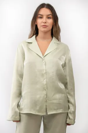 Satin Button Up Shirt in Pale Sage