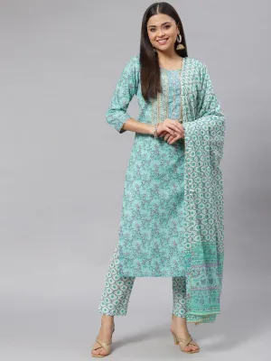 Seagreen Cotton Kurta Pant Set With Dupatta