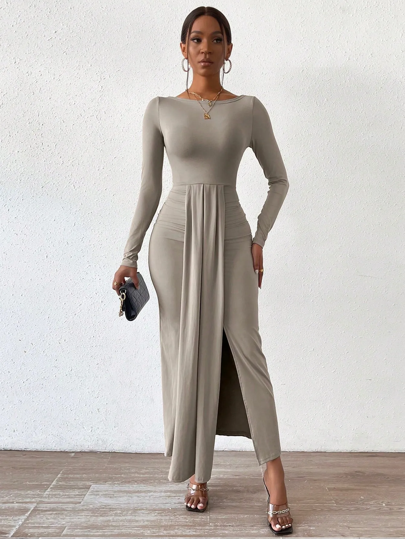 Solid Split Thigh Draped Detail Bodycon Dress