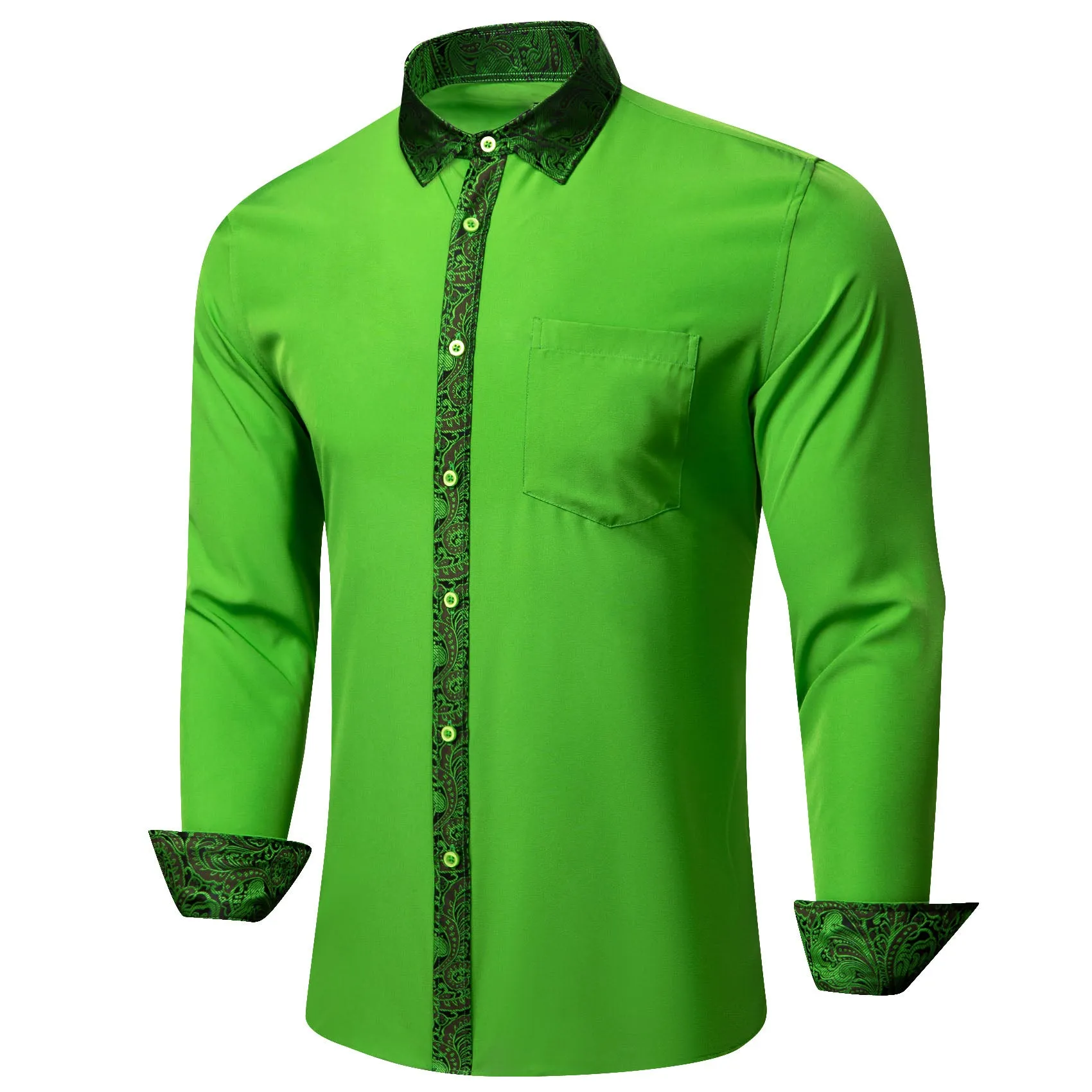 Splicing Style Cobalt Green with Green Paisley Edge Men's Long Sleeve Shirt