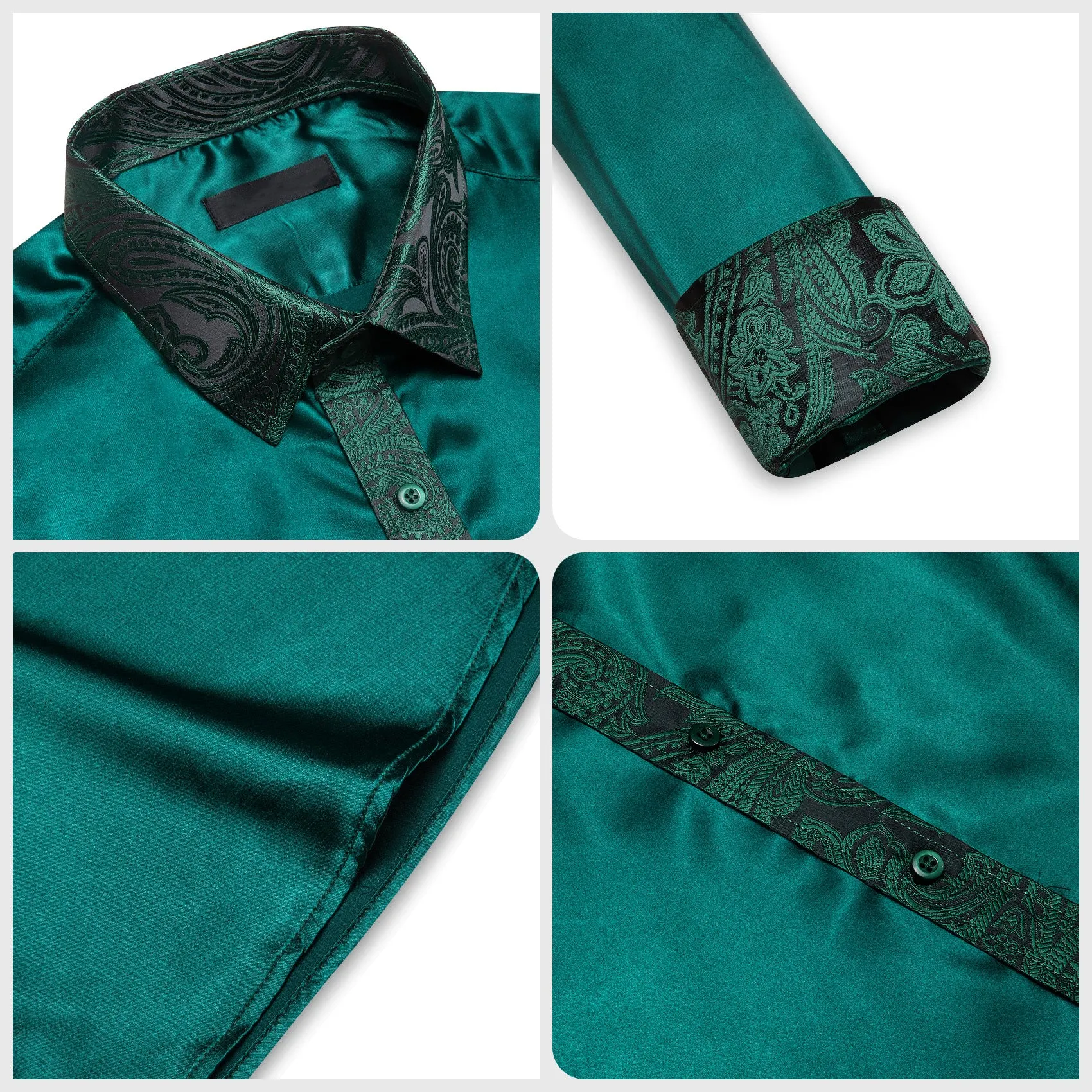 Splicing Style Sapphire Pine Green Solid with Paisley Edge Men's Long Sleeve Shirt