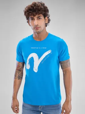 Spykar Dusty Sky Blue Cotton Half Sleeve  Tshirt For Men