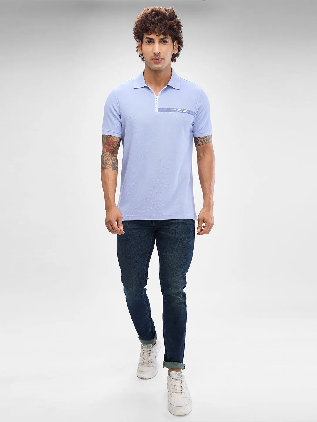 Spykar Heron Blue Cotton Poly Half Sleeve  Tshirt For Men