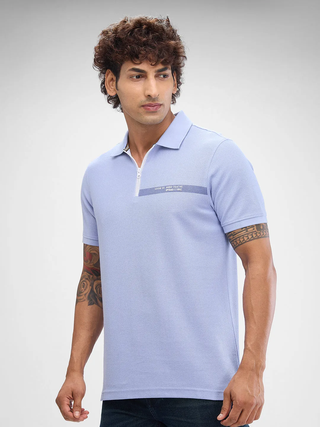 Spykar Heron Blue Cotton Poly Half Sleeve  Tshirt For Men