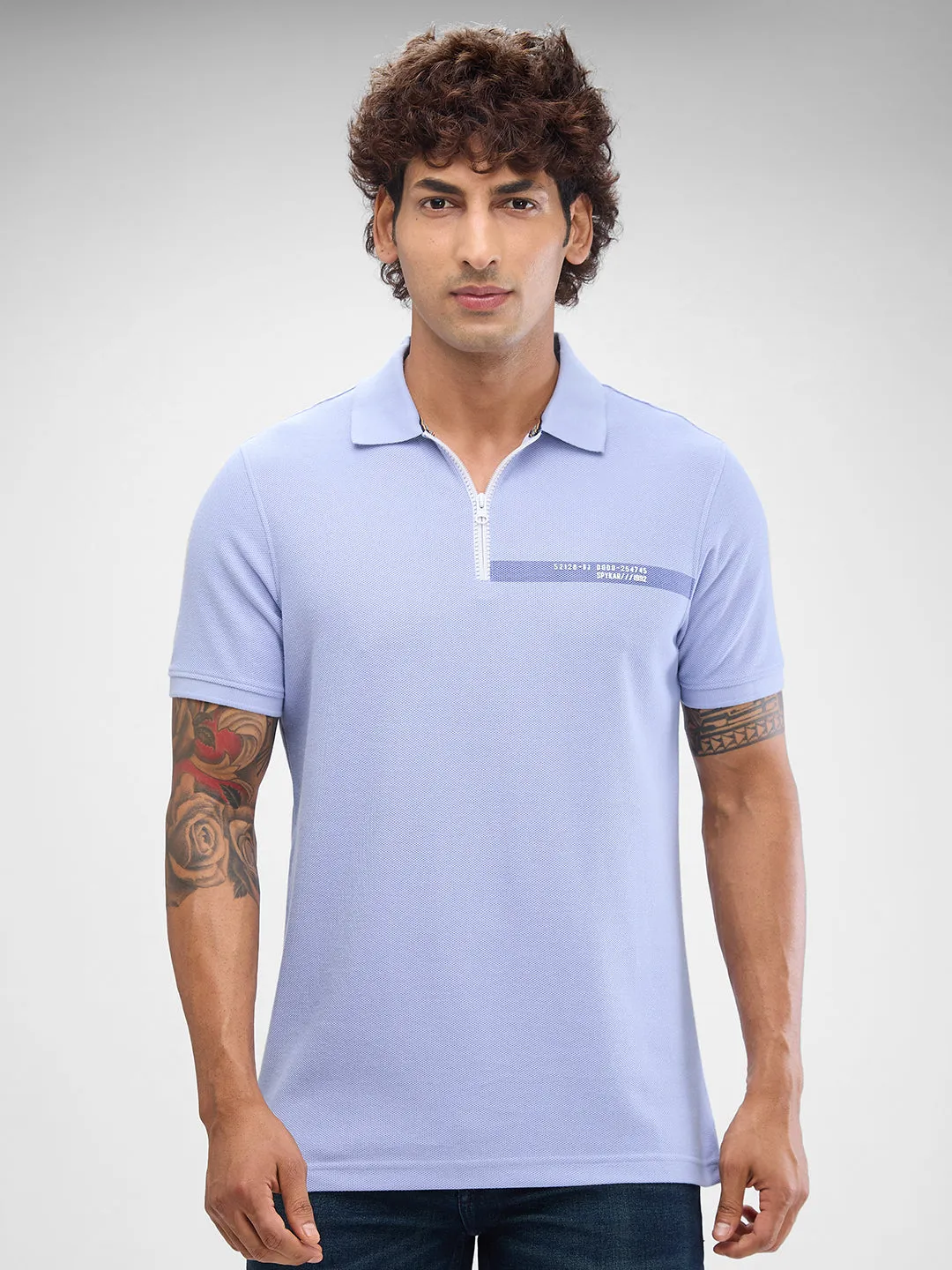 Spykar Heron Blue Cotton Poly Half Sleeve  Tshirt For Men