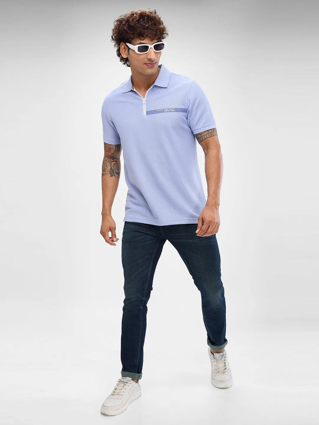 Spykar Heron Blue Cotton Poly Half Sleeve  Tshirt For Men