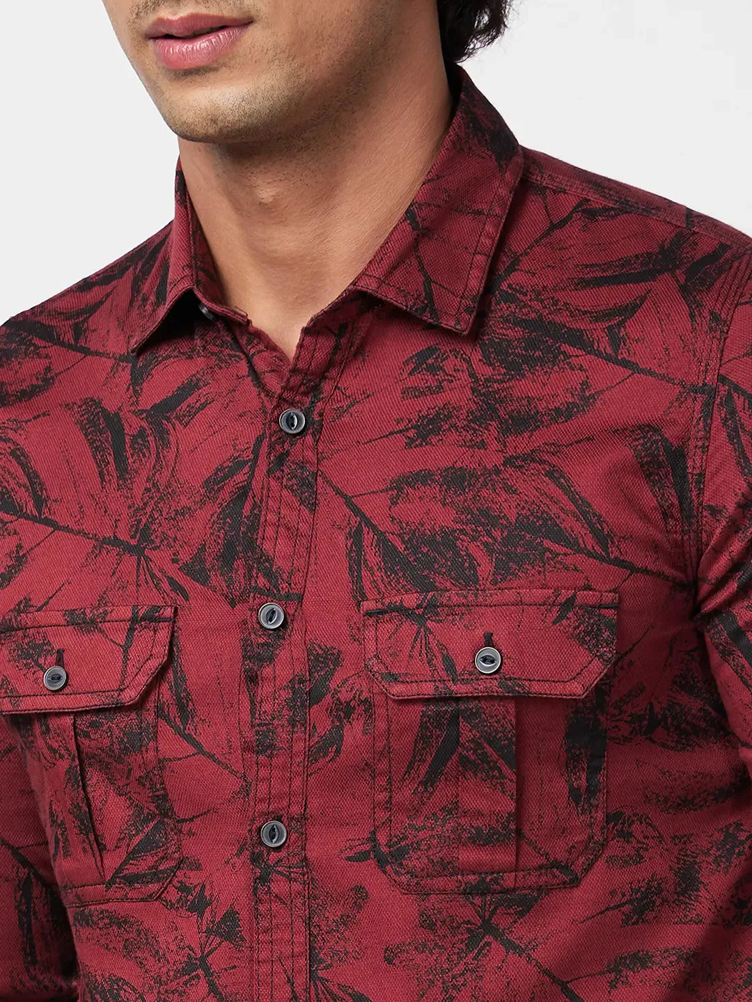 Spykar Men Brick Red Cotton Regular Slim Fit Full Sleeve Casual Floral Print Shirt