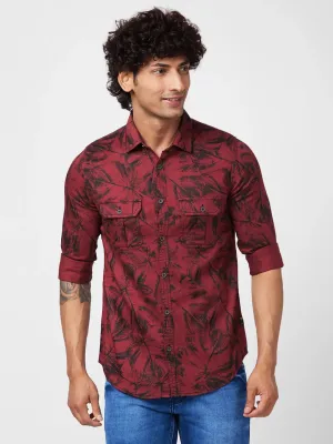 Spykar Men Brick Red Cotton Regular Slim Fit Full Sleeve Casual Floral Print Shirt