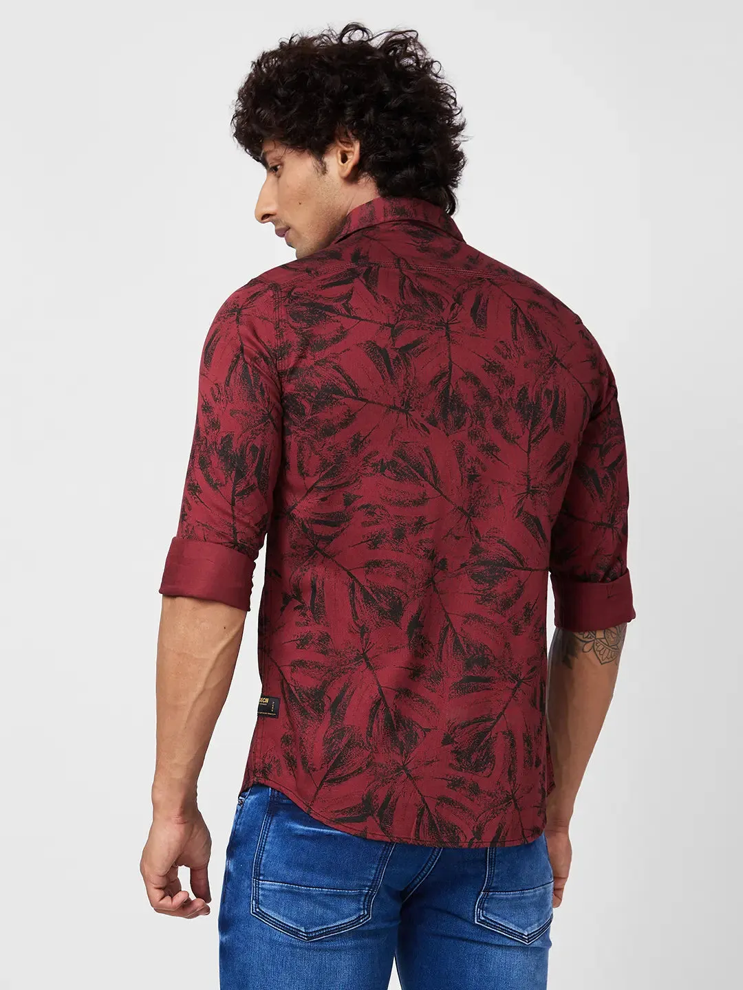 Spykar Men Brick Red Cotton Regular Slim Fit Full Sleeve Casual Floral Print Shirt