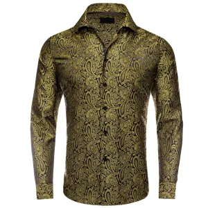 Ties2you Collared Shirt Luxury Gold Paisley Silk Long Sleeve Tuxedo Button Up Mens Shirts