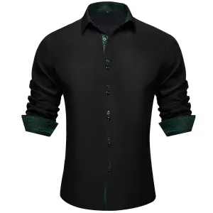 Ties2you Dress Shirt for Men Black Solid Green Splicing Silk Long Sleeve Shirt