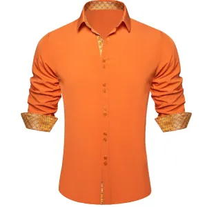 Ties2you Dress Shirt for Men Solid Dark Orange Splicing Silk Long Sleeve Shirt