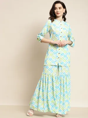 Women Blue & Green Ikat Shirt With Sharara Pants