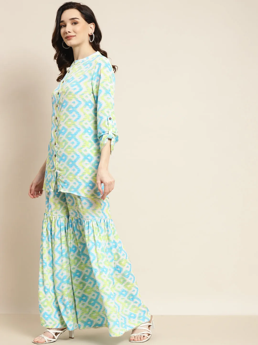 Women Blue & Green Ikat Shirt With Sharara Pants