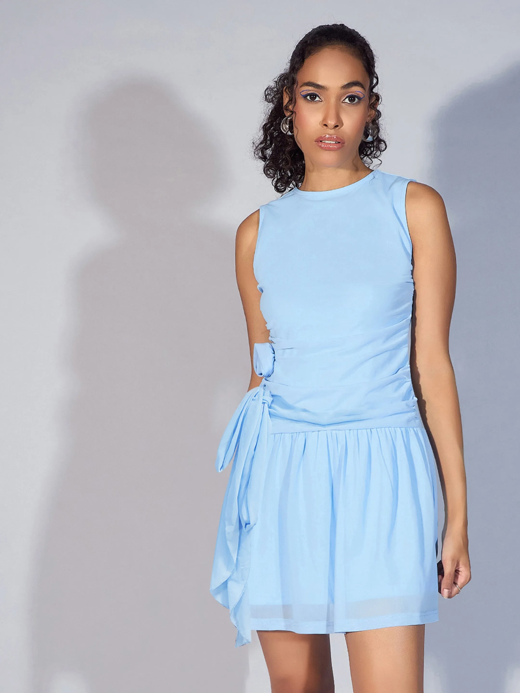 Women Blue Mesh Tiered Short Dress