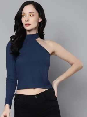 Women Blue Rib One Shoulder Collar Crop Top