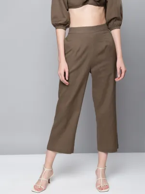 Women Brown Cotton Linen Straight Pants