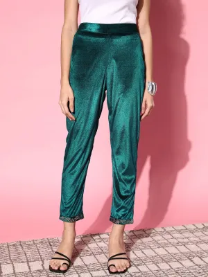 Women Emerald Green Velvet Embroidered Pencil Pants