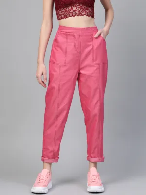 Women Fuchsia Contrast Stitch Twill Tapered Pants