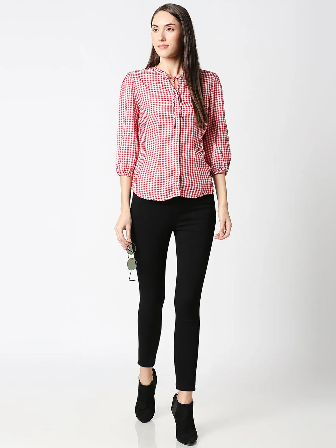 Women Gingham Checked With Tie-Up Neckline Top