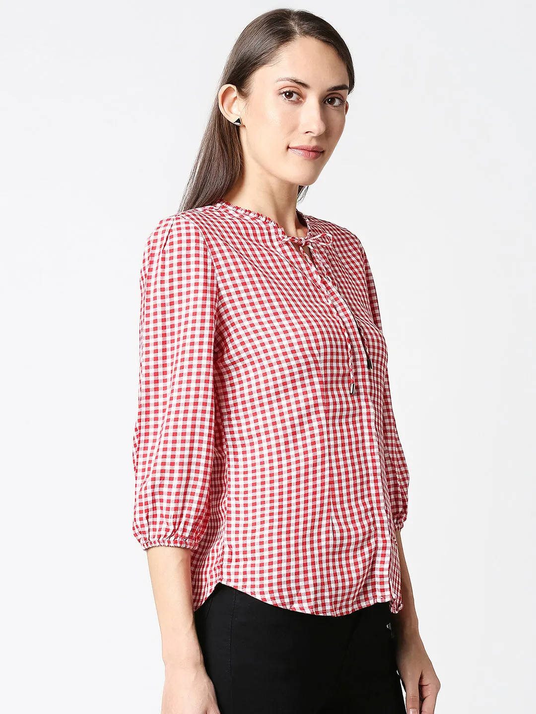 Women Gingham Checked With Tie-Up Neckline Top