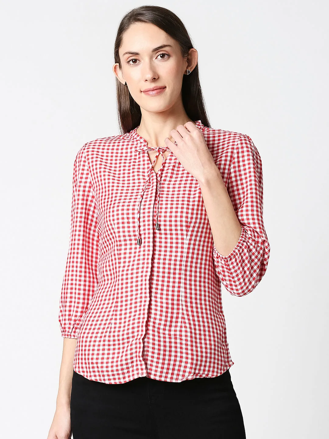 Women Gingham Checked With Tie-Up Neckline Top