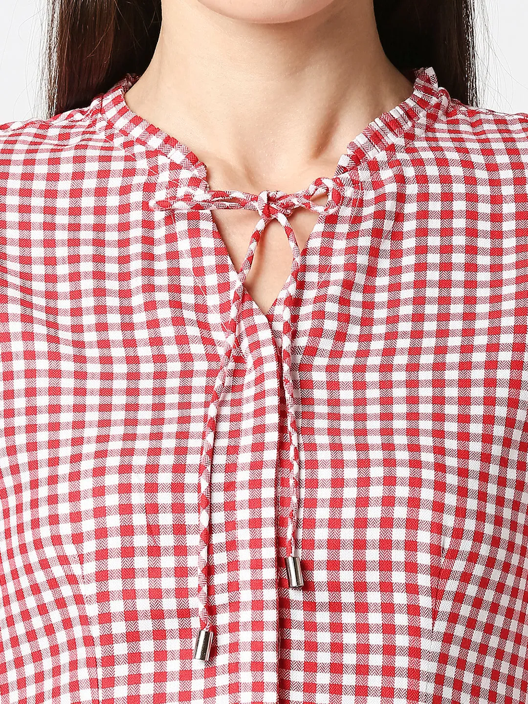 Women Gingham Checked With Tie-Up Neckline Top