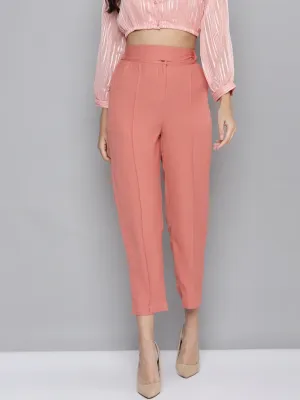 Women Pink Belted Tapered Pants